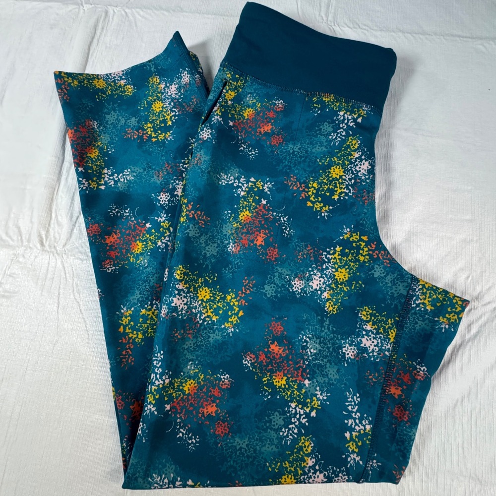 Lands End Womens Active Yoga Pants Teal Floral Straight Leg Size S 6-8